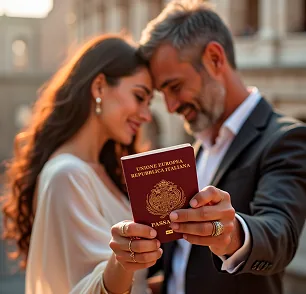 Casal feliz segurando um passaporte italiano