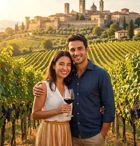 Casal em uma paisagem de vinhedos na Toscana
