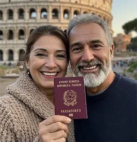 Casal sorridente em Roma mostrando o passaporte italiano
