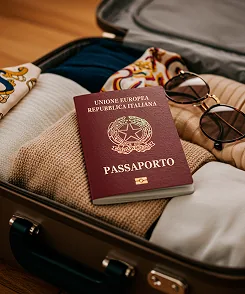 Passaporte italiano dentro de uma mala de viagem