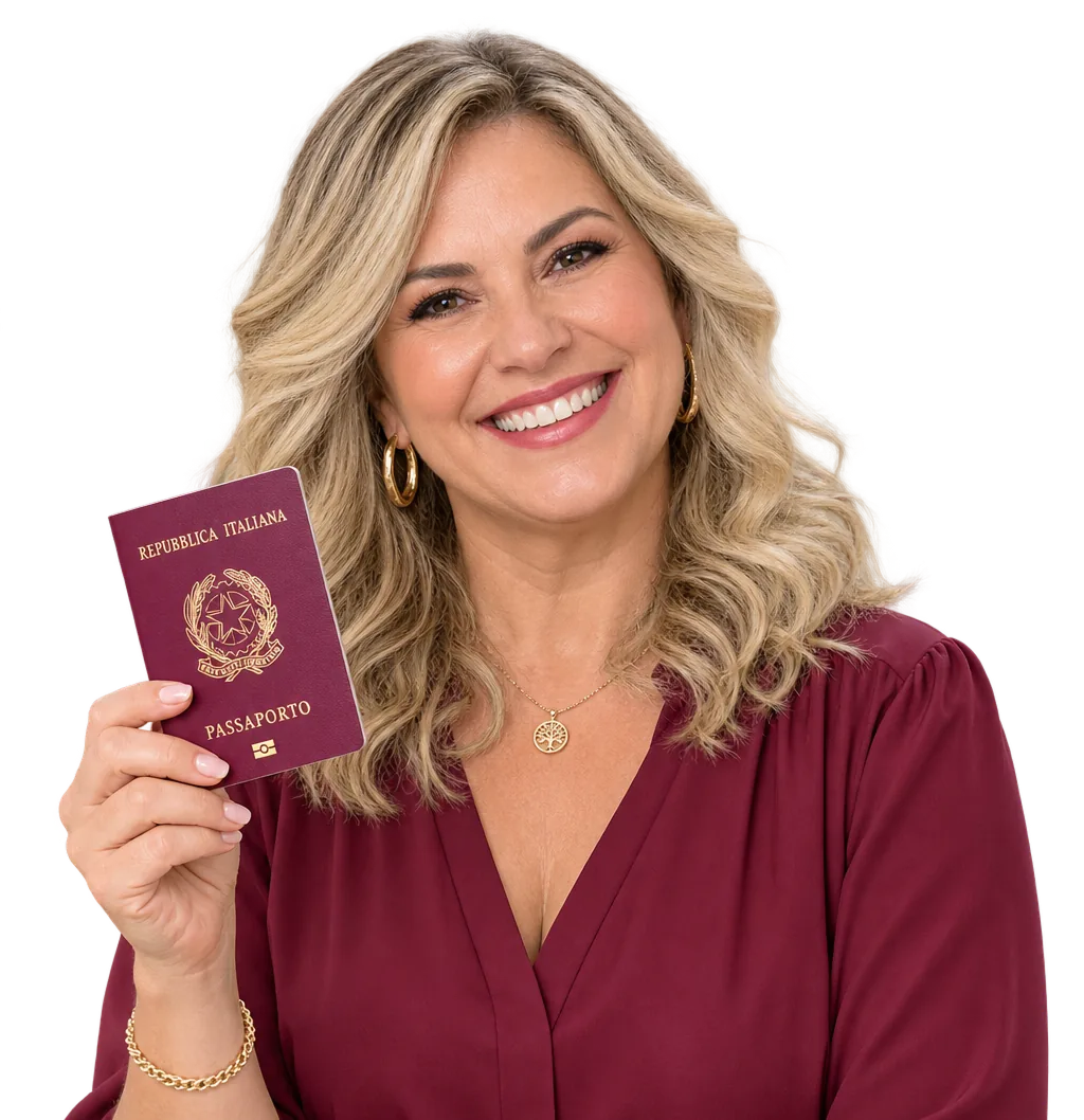 Mulher brasileira loira, sorrindo e mostrando um passaporte italiano